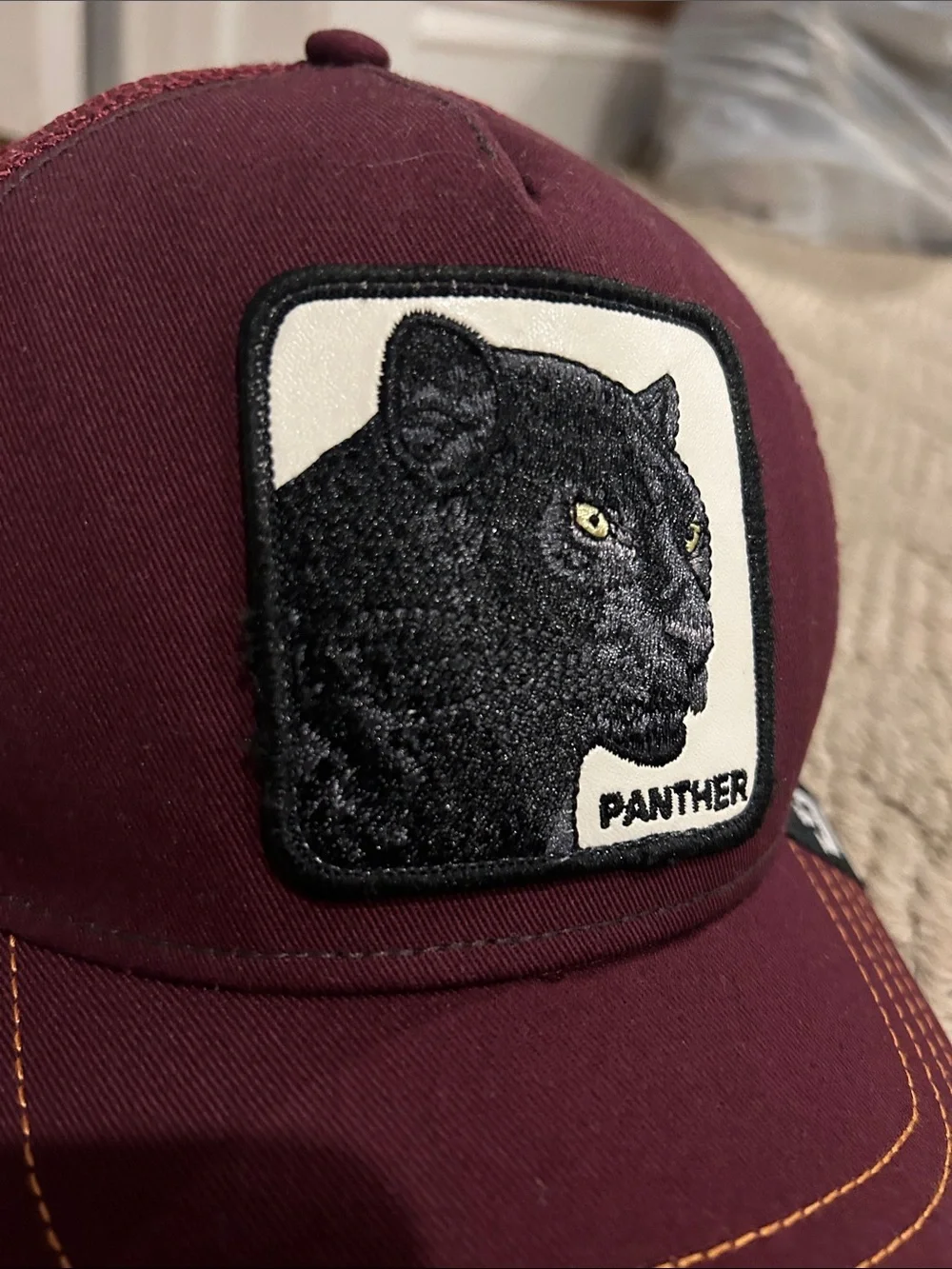 Goorin Bros Burgundy Panther Trucker Hat with Yellow Stitching - Picture 6 of 16